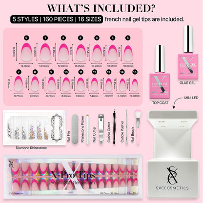 SXC Cosmetics French Tip Press On Nails – Pink Series Starter Kit with X-Pro Tips | 160 PCS, 16 Sizes, 5 Styles, Beginner-Friendly