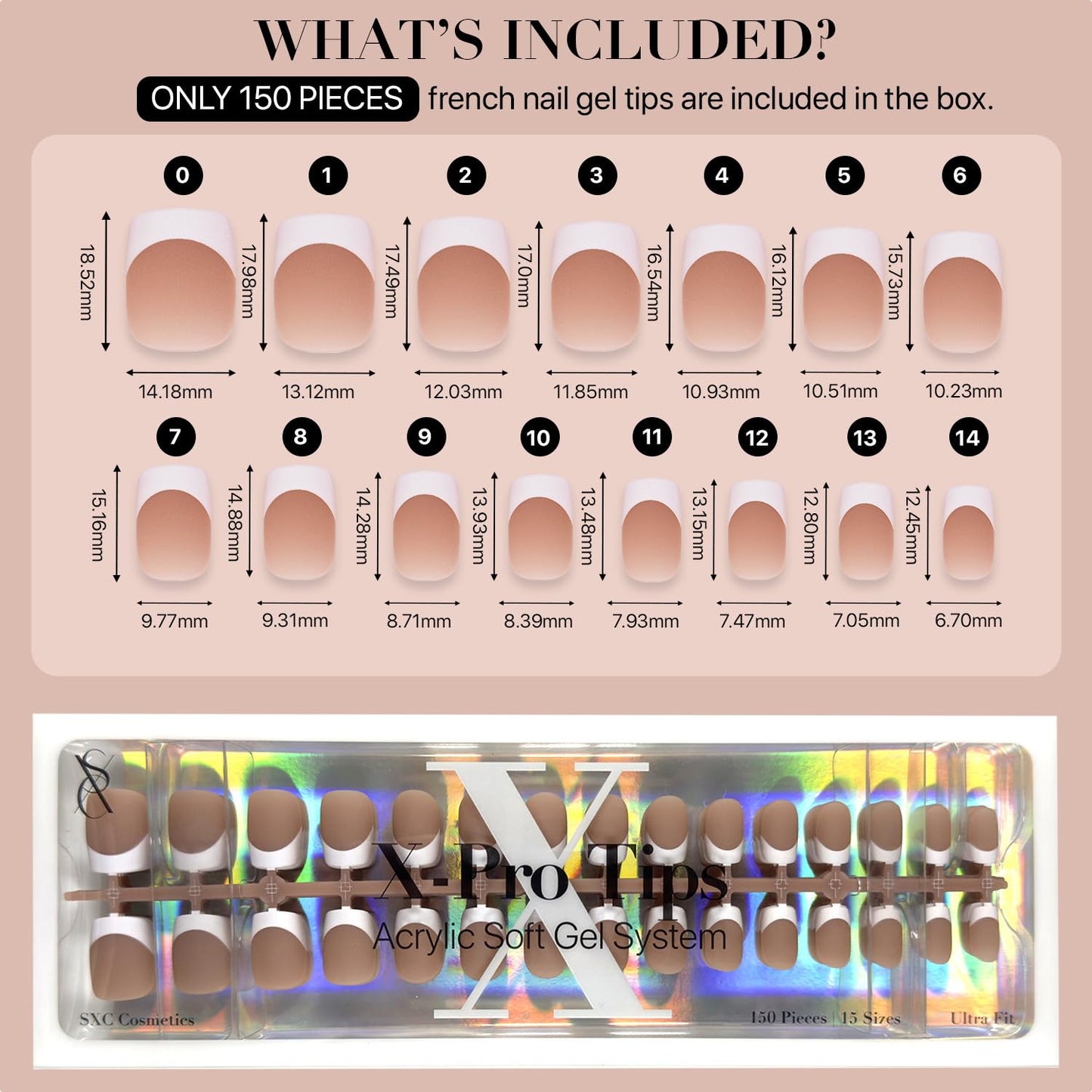 SXC Brown French Tip Press-On Nails – Ultra Fit, 150 Pieces, 15 Sizes, Pre-Applied Primer & Base Coat