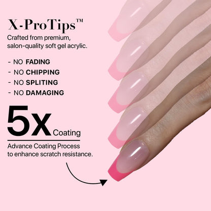 SXC French Tip Press On Nails Kit – 150 Pieces, 15 Sizes, Ultra Fit, Pre-Applied Primer & Base Coat (5PINK119-S Coffin)