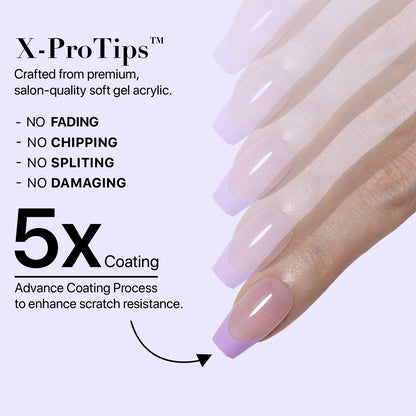 SXC French Tip Press On Nails – 150-Piece Ultra Fit Kit, 15 Sizes, Pre-Applied Primer & Base Coat (Coffin 5PURPLE119-S)