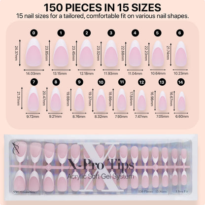SXC French Tip Press-On Nails Pink — Medium Almond, 150 Pieces, Ultra Fit, Pre-applied Primer & Base Coat
