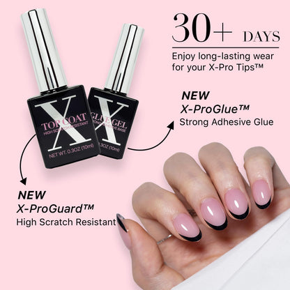 SXC Black Series French Tip Press-On Nails – Extra Short Almond, X-Pro Tips Starter Kit (160pcs)