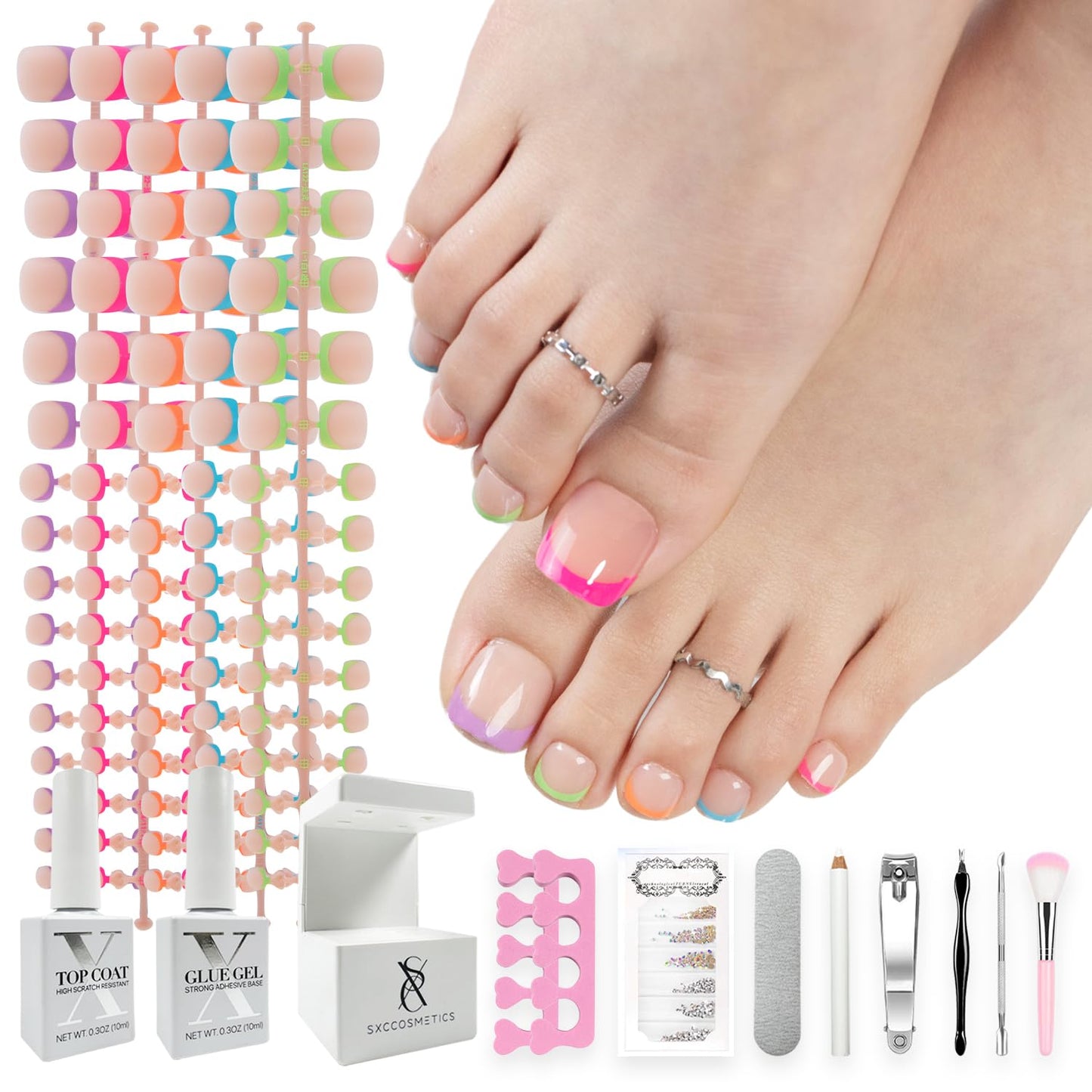 SXC Cosmetics X-Pro Tips French Tip Press-On Toenails – Short Pastel Glow (Soft Gel System)