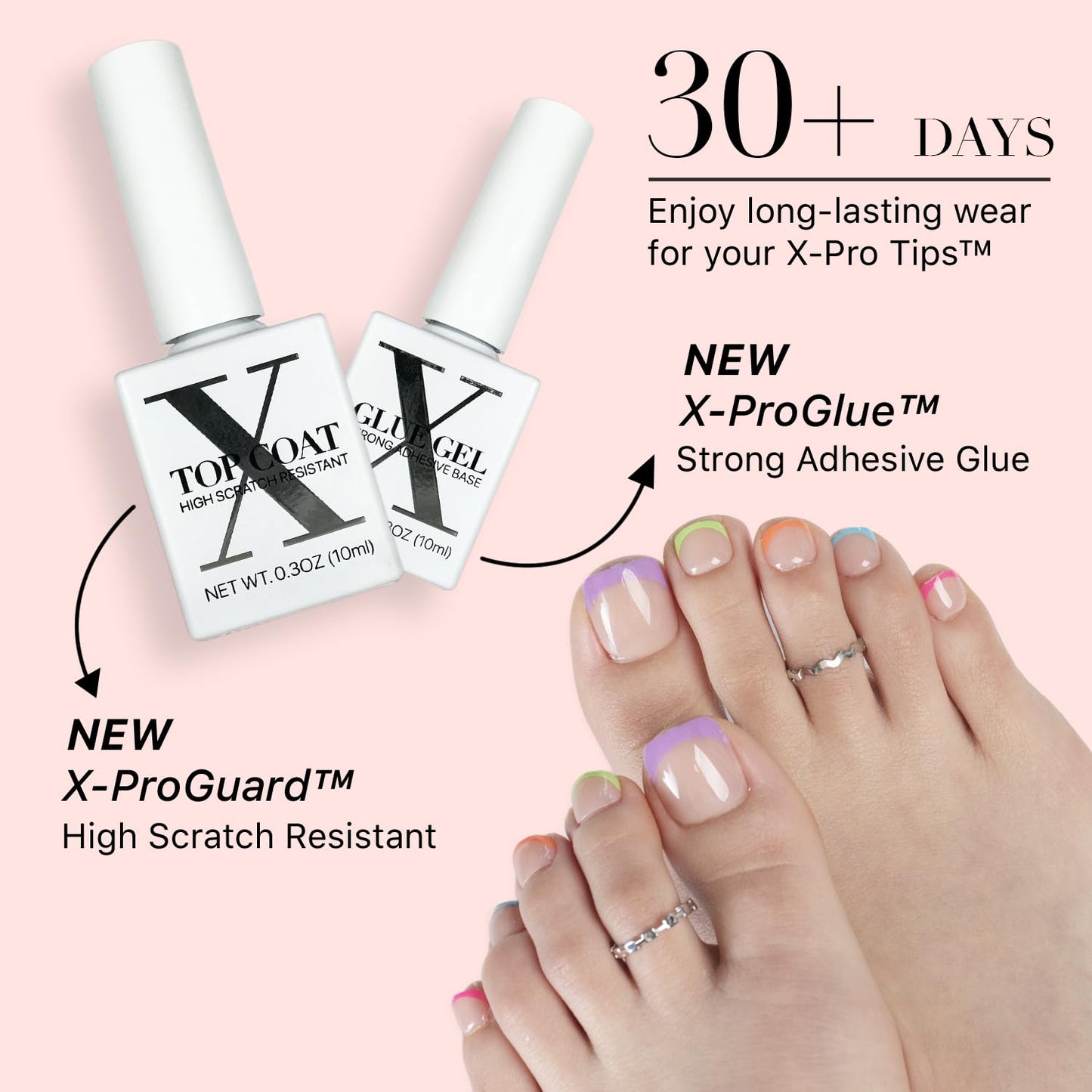 SXC Cosmetics X-Pro Tips French Tip Press-On Toenails – Short Pastel Glow (Soft Gel System)