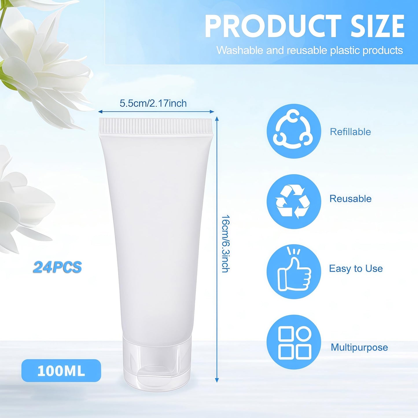 SYBL 20Pcs Clear Empty Refillable Tubes 100ml – Leak-Proof Squeezable Containers