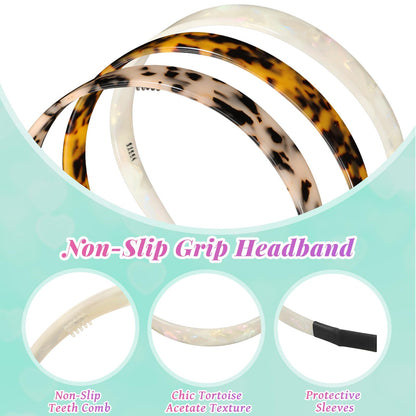 Syhood 3 Colors Tortoise Shell Headband Set – Wide Acetate & Resin Hairbands with Teeth (White Laser, Leopard, Ivory)