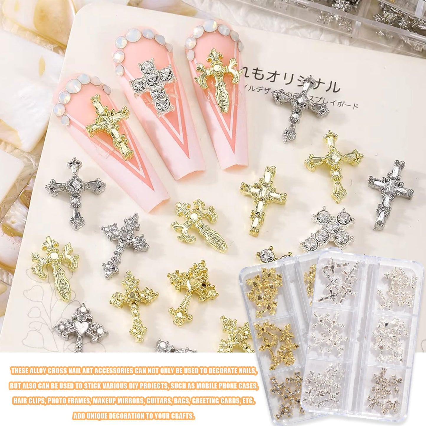 Symphonyw 3D Cross Nail Charms – 60 Pcs Gold Alloy Nail Decorations for Nails & DIY Crafts