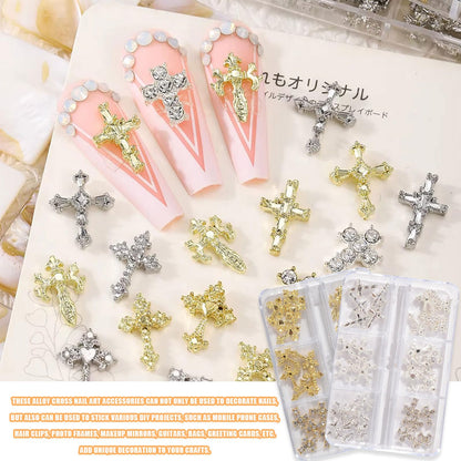 Symphonyw 3D Cross Nail Charms – 60 Pcs Gold Alloy Nail Decorations for Nails & DIY Crafts
