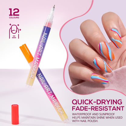TAEERY 12 Colors Nail Art Markers Set – Quick-Dry Nail Art Pens for Home & Salon
