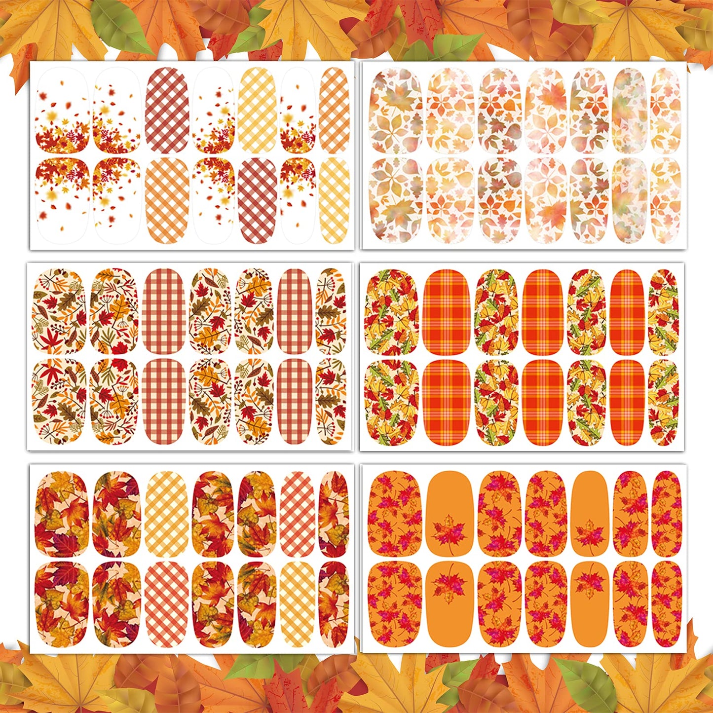 TailaiMei 12 Sheets Fall Nail Wraps – Self-Adhesive Autumn Nail Decals with Leaves & Plaid