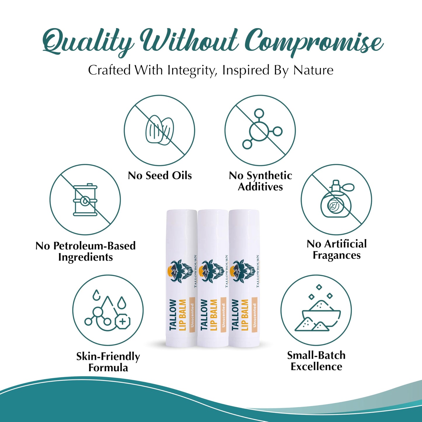 Tallowbourn Moisturizing Tallow Lip Balm – Grass-Fed Tallow, Coconut Oil, Vitamin E – Unscented 3-Pack