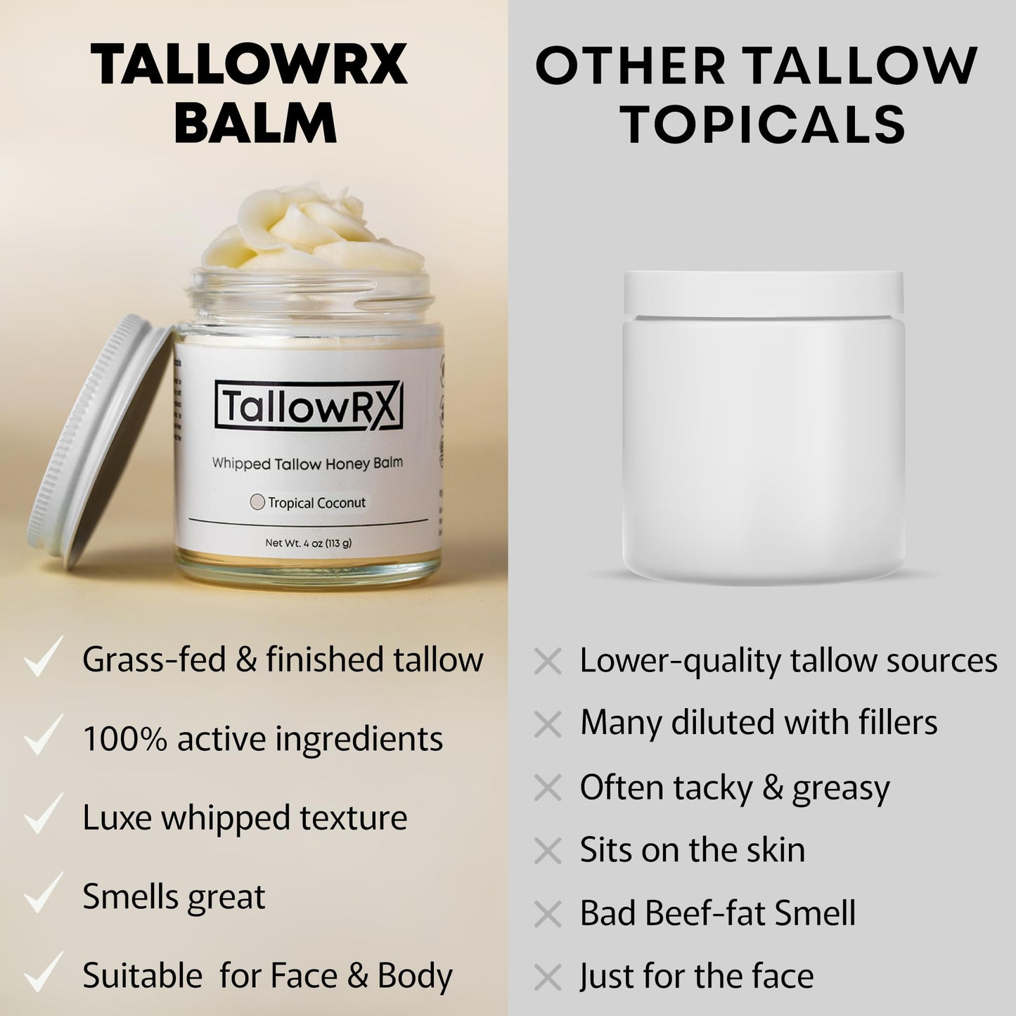 TALLOWRX 100% Grass-Fed Beef Tallow Balm – Whipped Honey Moisturizer with Manuka Honey, Jojoba & Calendula | Face & Body (4 oz, Vanilla Scent)