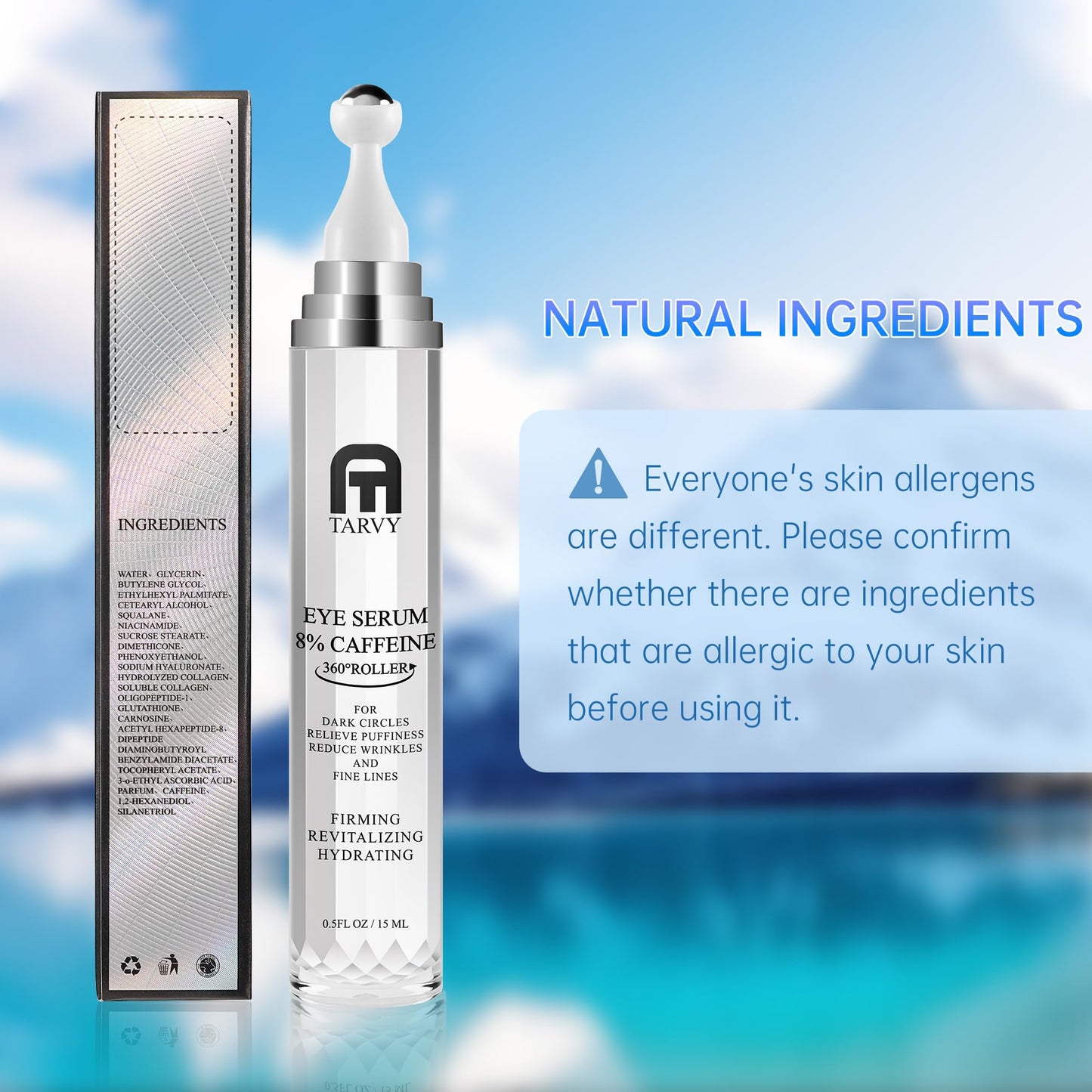 Tarvy Eye Serum 8% Caffeine with 360° Massage Ball – Under Eye Care