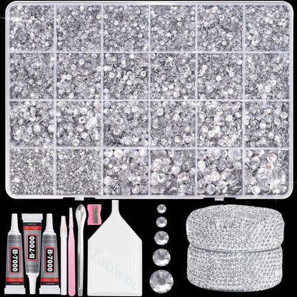 Tatiwoo 20000Pcs Silver White Crystal Flatback Rhinestones Kit – Mix Sizes for Crafting & DIY