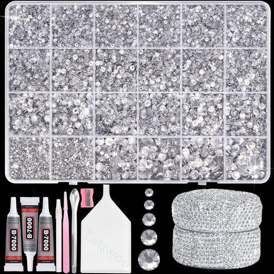 Tatiwoo 20000Pcs Silver White Crystal Flatback Rhinestones Kit – Mix Sizes for Crafting & DIY