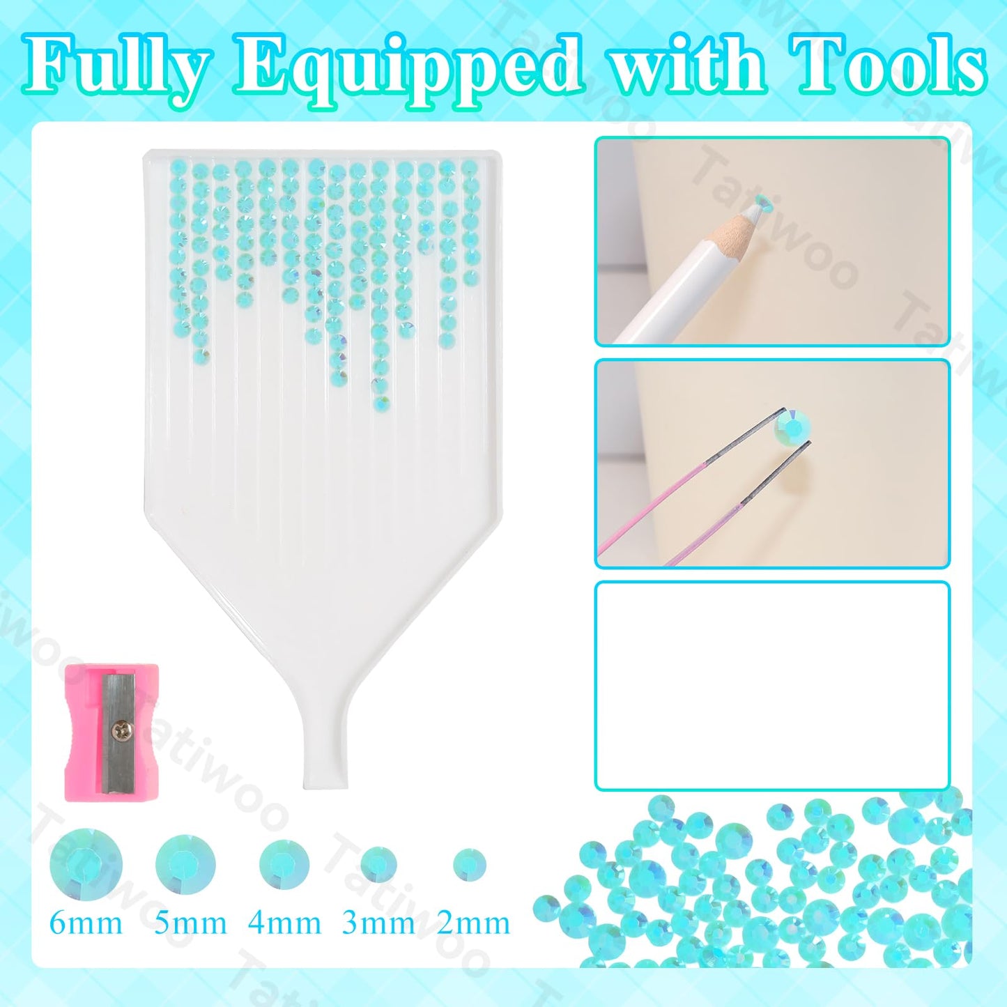 Tatiwoo 20000 Sky Blue AB Flatback Rhinestones Kit with Mixed Sizes and Tools