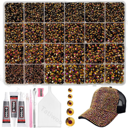 Tatiwoo 20000Pcs Gold Black Flatback Rhinestones Kit | Mix Sizes 2–6mm for Crafting, Tumblers & Nail Art