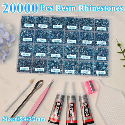 Tatiwoo 20000Pcs Light Blue Flatback Rhinestones Kit – Mixed Sizes for Crafting & DIY