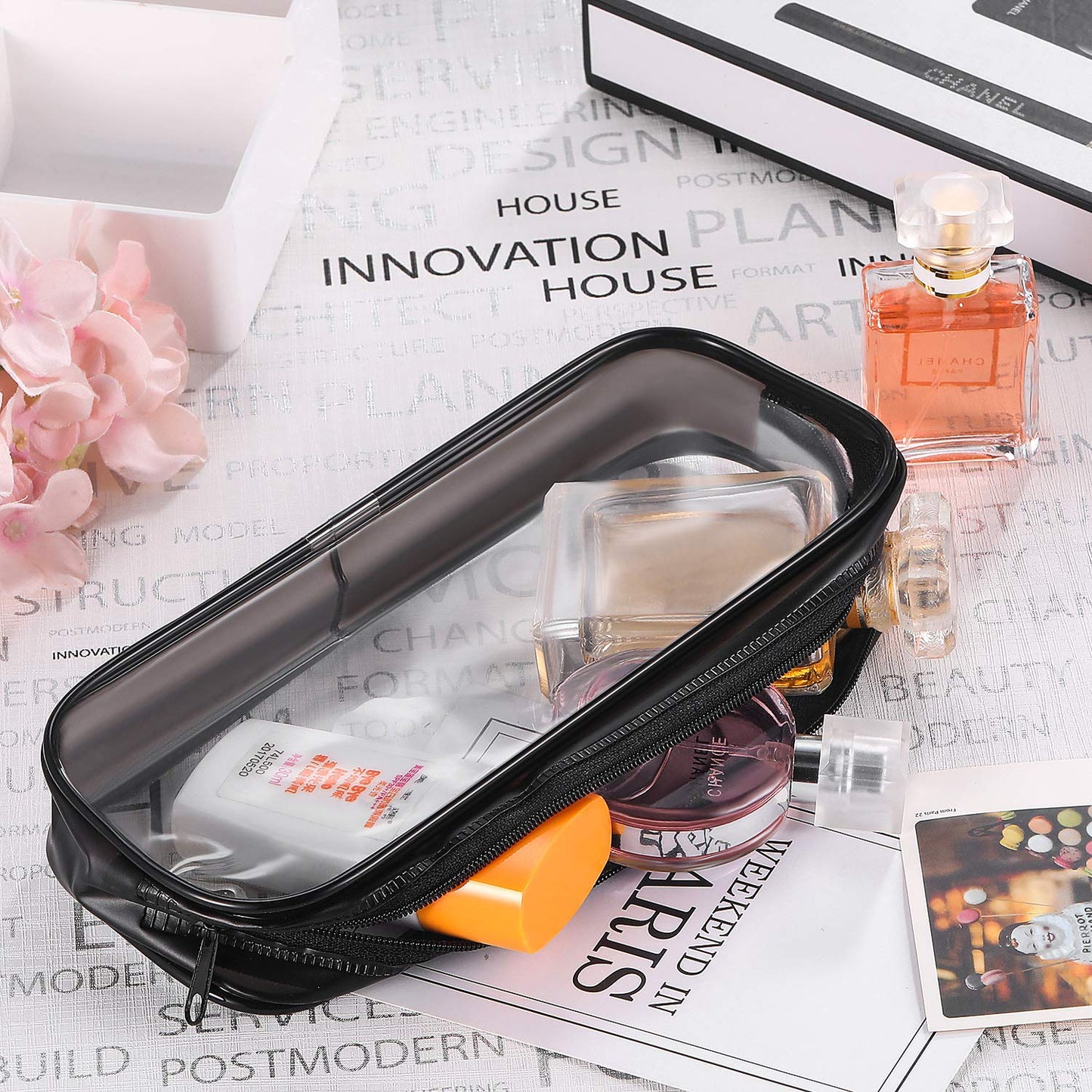 Tatuo 4 Pieces Clear PVC Bags – Big Capacity Zipper Pencil Pouch Case (Black) | Travel & Makeup Organizer