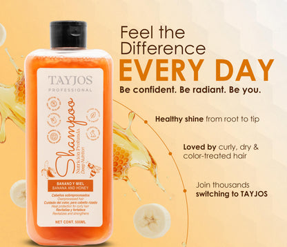 TAYJOS PROFESSIONAL Banana & Honey Shampoo – Sulfate-Free Daily Cleanser with Keratin & Amino Acids | Nourishing for Dry & Damaged Hair | 16.9 oz