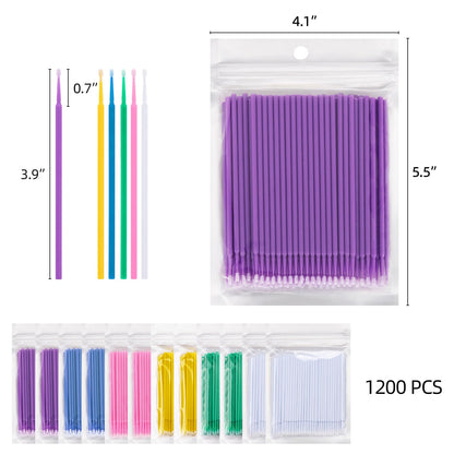 Tbestmax 1200 Pcs Micro Applicator Brush Set – Bendable Micro Swabs for Eyelash Extensions (6 Colors)