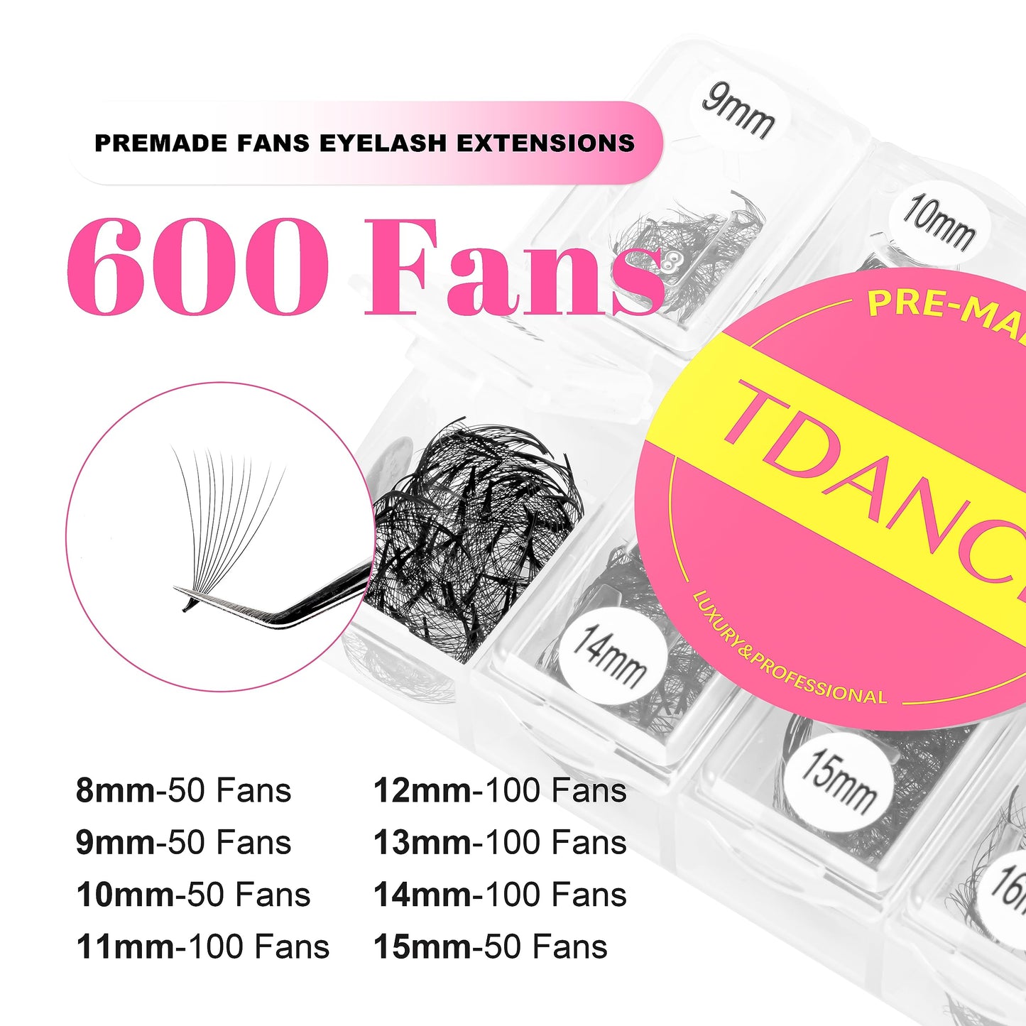 TDANCE 600 Premade Lash Fans – Natural & Volume Mix, 5D-24D, C/D Curl, 8–15mm