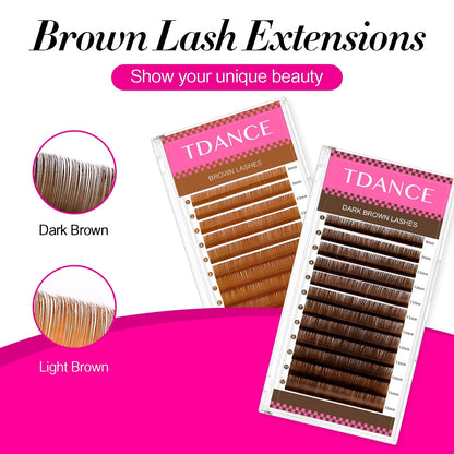 TDANCE Light Brown Colored Lash Extensions – 0.03/0.05/0.07mm, C/D Curl, 8-15mm Premium Brown Lashes for Salon Use