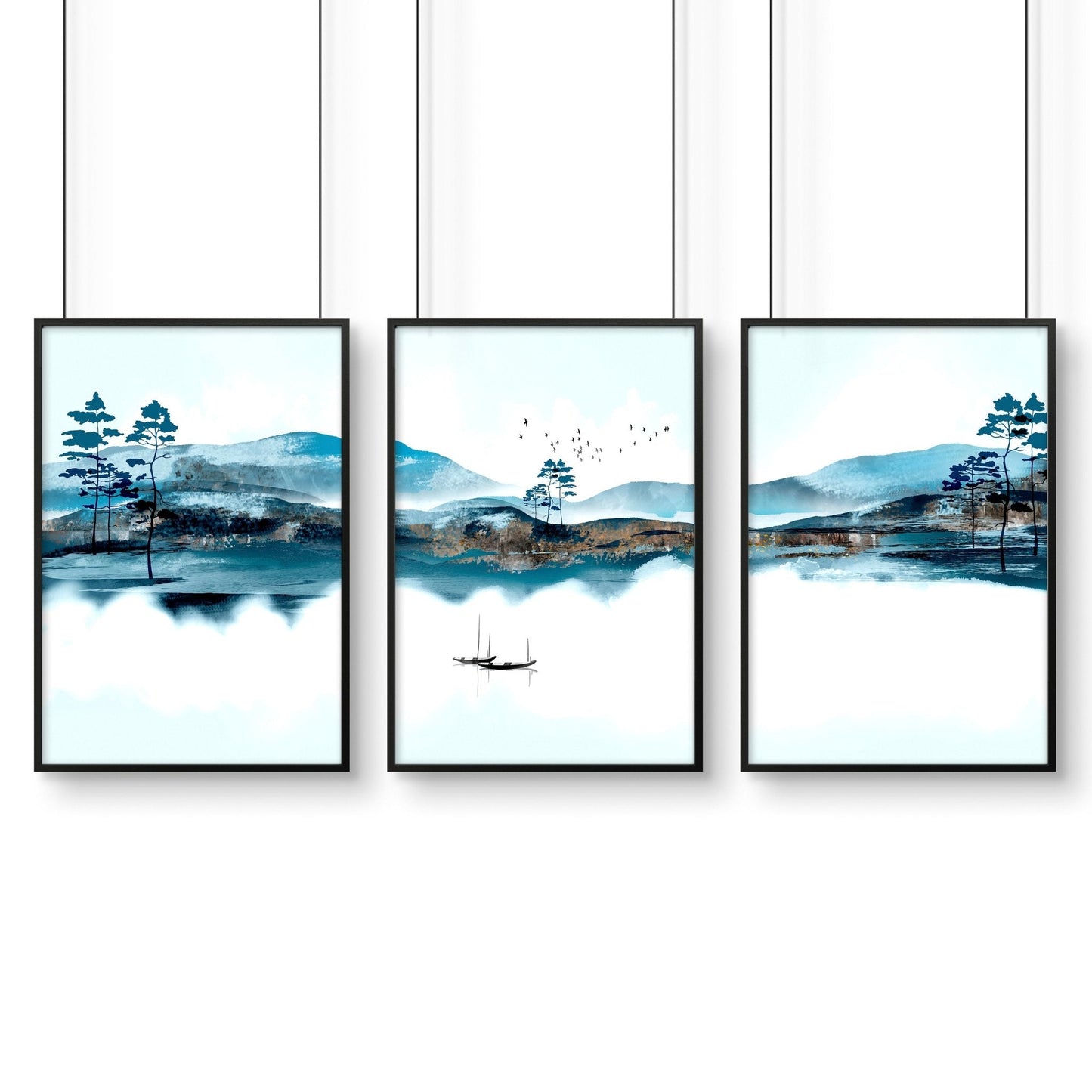 3 Wall Art Set – Teal Japanese Landscape Prints