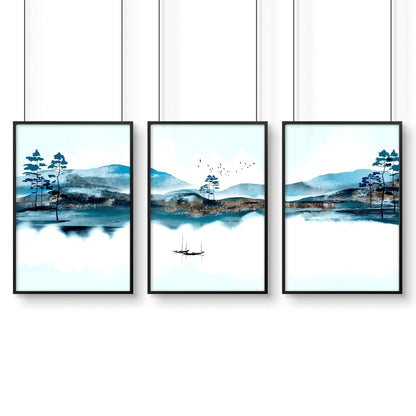 3 Wall Art Set – Teal Japanese Landscape Prints