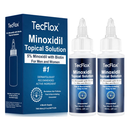 TECFLOX 5% Minoxidil with Biotin – Hair Growth Serum for Men & Women | 4 fl oz (2x60 ml) Unisex