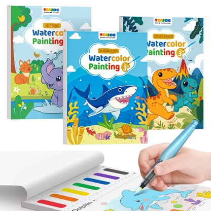 TECJOE 3 Pack Watercolor Coloring Books for Kids | 6 Brushes + Extra Paper | Ages 4–8 | Dinosaurs, Forest & Sea