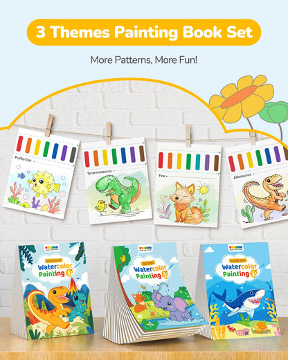 TECJOE 3 Pack Watercolor Coloring Books for Kids | 6 Brushes + Extra Paper | Ages 4–8 | Dinosaurs, Forest & Sea