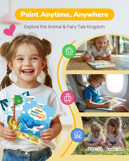TECJOE 3 Pack Watercolor Coloring Books for Kids | 6 Brushes + Extra Paper | Ages 4–8 | Dinosaurs, Forest & Sea