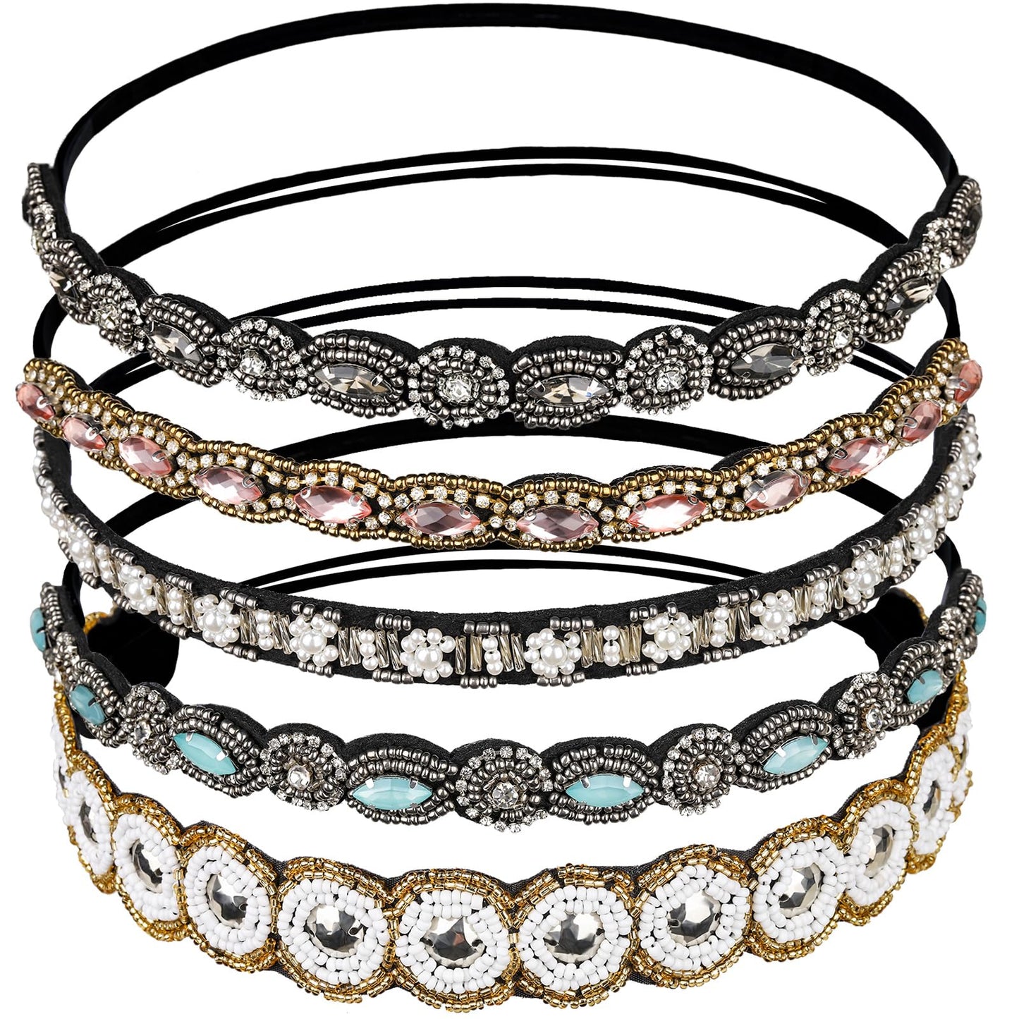 Teenitor 5pcs Rhinestone Beaded Headbands for Women – Elastic Crystal Hairbands (20-26.8 in)