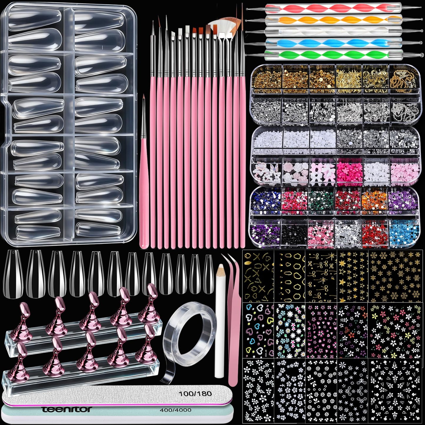 Teenitor Acrylic Nail Kit: Clear Coffin Tips, Charms & Gems for DIY Nail Art