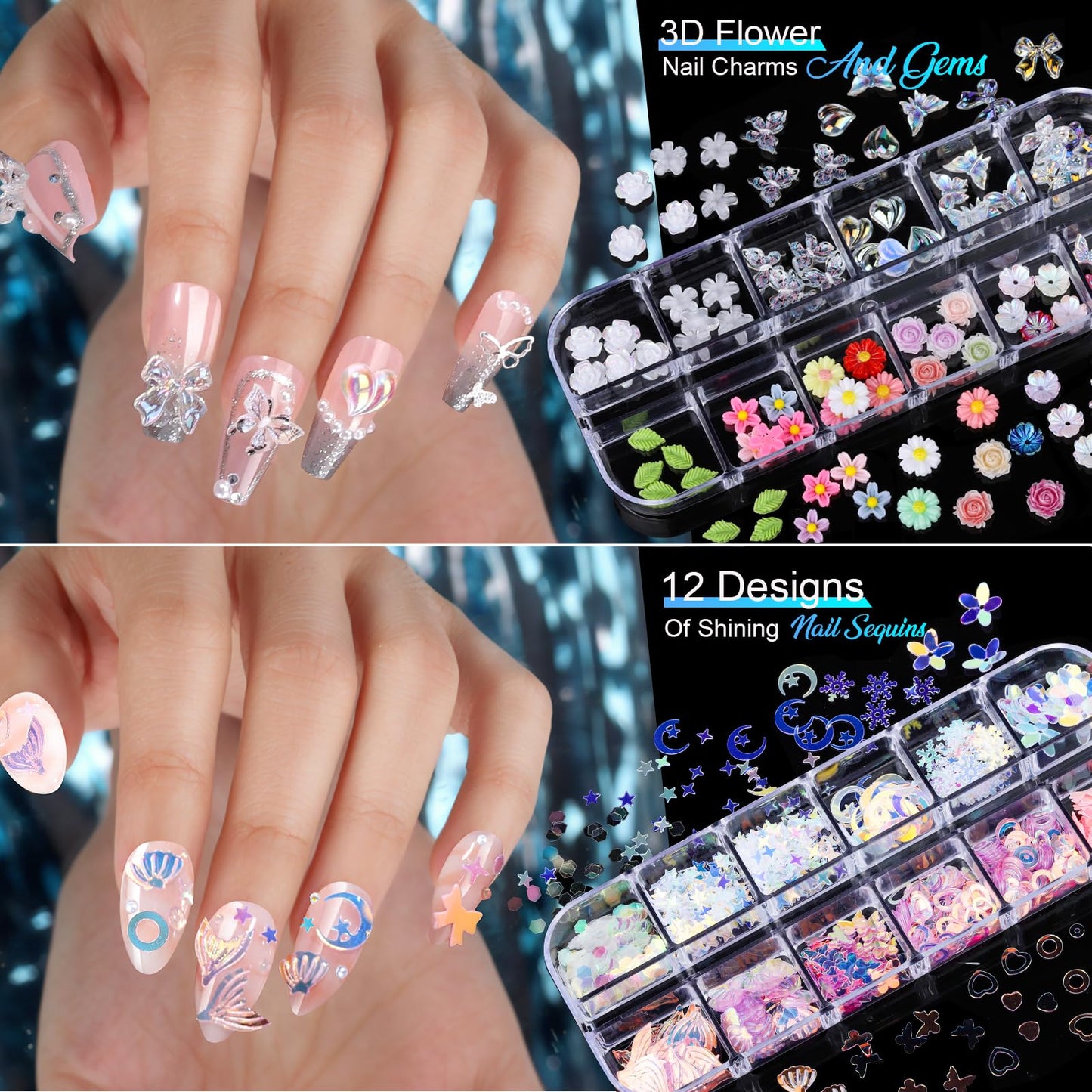 Teenitor Nail Charms & Gems Kit – 8 Boxes, 20 Nail Stickers, 3D Gems for Nails