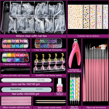 Teenitor Acrylic Fake Nails Kit — Press On Nails with Clear Coffin Tips, Stands & Art Supplies