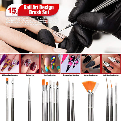 Teenitor Nail Pen Designer Kit – 15 Brushes, Dotting Pens, Foil & Rhinestones (Black)