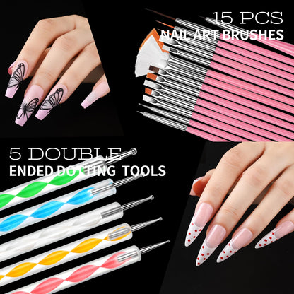 Teenitor Nail Charms & Nail Art Tools Set | 5 Charm Boxes, 15 Brushes, 2 Magnetic Nail Stands