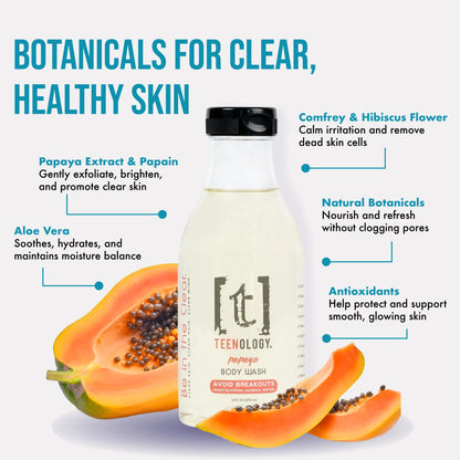 Teenology Body Wash for Teens – Clearer Skin, Sulfate & Paraben Free, Papaya Extracts, 16 oz