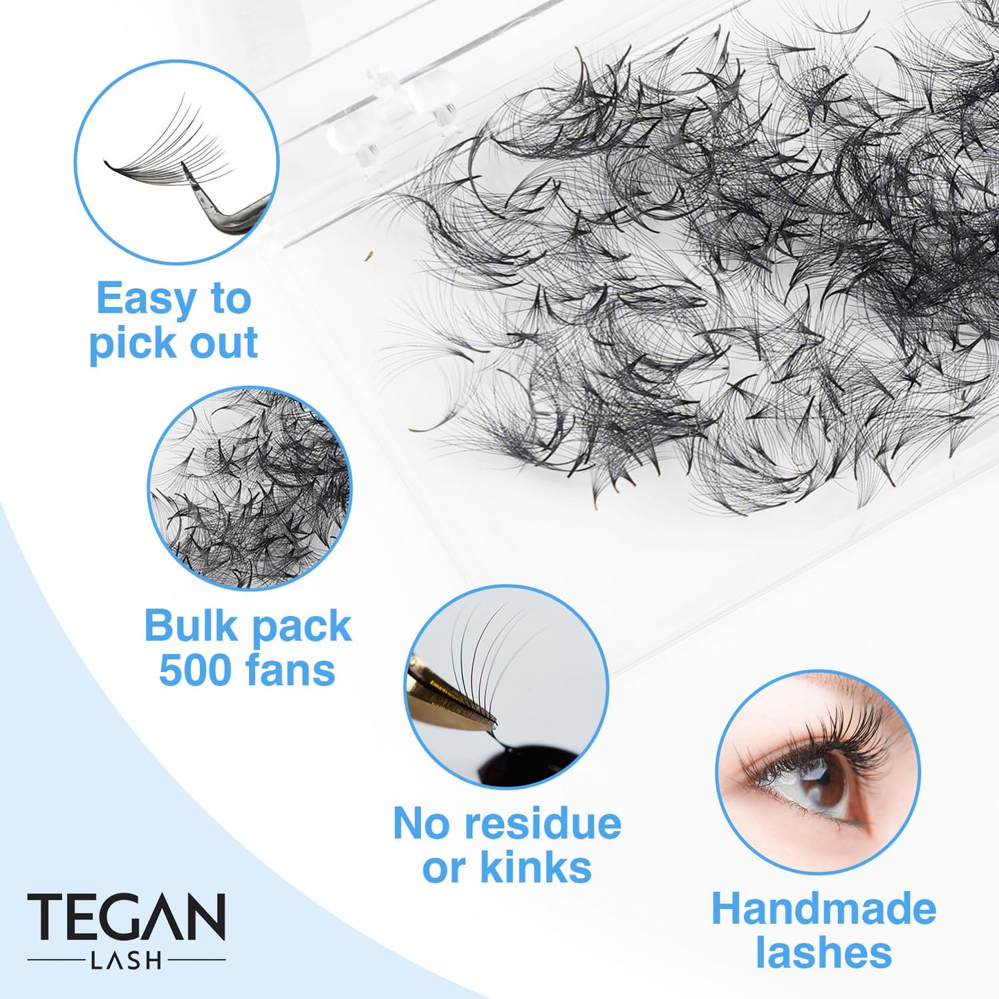 TEGAN LASH 500 Promade Fans Volume Eyelash Extensions — Handmade PBT, 9–15mm, 0.03–0.07, C/CC/D Curl