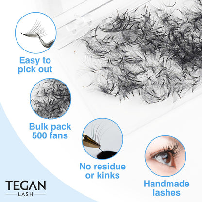 TEGAN LASH 500 Promade Fans Volume Eyelash Extensions — Handmade PBT, 9–15mm, 0.03–0.07, C/CC/D Curl