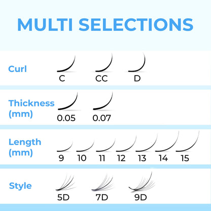 TEGAN LASH 500 Wispy Premade Fans – Handmade Volume Lashes, 5D–9D, 0.05/0.07, C/CC/D Curl, 9–15mm