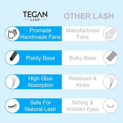TEGAN LASH 500 Promade Fans Volume Eyelash Extensions – Handmade, 3D-16D, 0.03-0.07 Thickness, C/CC/D Curl, 9-15mm