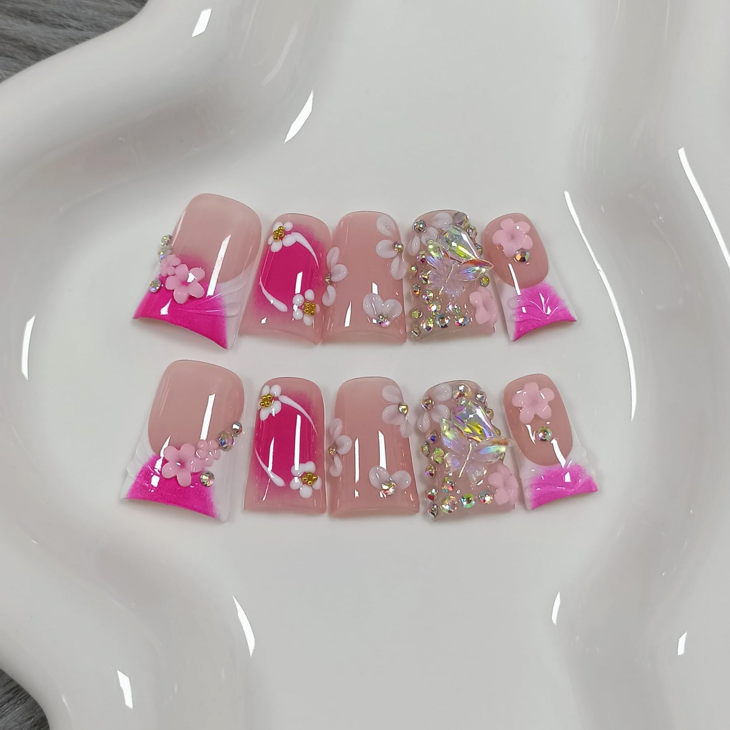 TENPAL 10Pcs Handmade Press-On Duck Nails with Charms – Glossy Pink French Tips