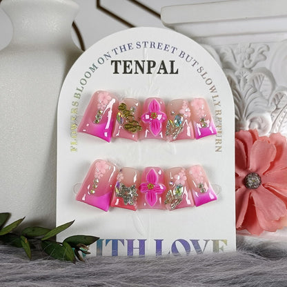TENPAL Short Duckbill Press-On Nails – Pink Blushing French Tip with 3D Flower Bow (10pcs)