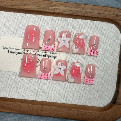 TENPAL 10Pcs Handmade Duck Nails Press On – Dopamine Coral & Blush French Tips, 3D Florals, Reusable Medium Length