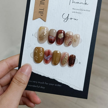 TENPAL Handmade Soft Gel Press On Nails with Tools – Amber Cat Eye Short Oval, Glossy Glitter Embossed Floral, Autumn Ombre Leaves, 10pcs