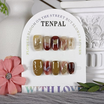TENPAL Handmade Soft Gel Press On Nails with Tools – Amber Cat Eye Short Oval, Glossy Glitter Embossed Floral, Autumn Ombre Leaves, 10pcs
