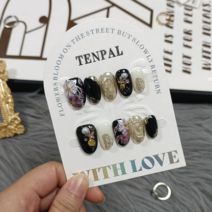 TENPAL Black Gold Floral Cat Eye Nails — Short Oval Press-On Kit